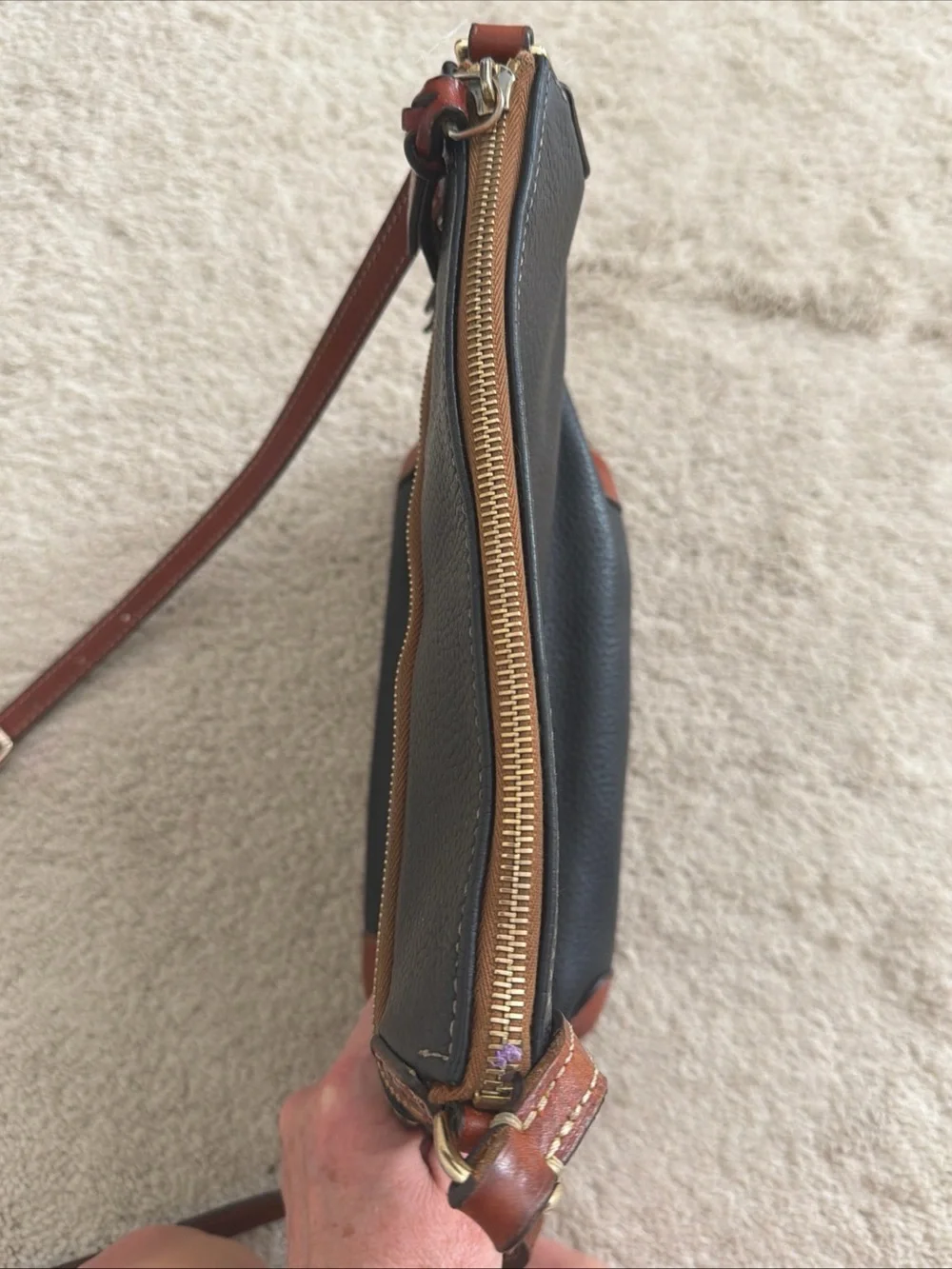 Dooney & Bourke Black Pebbled Leather Crossbody Bag with Brown Trim